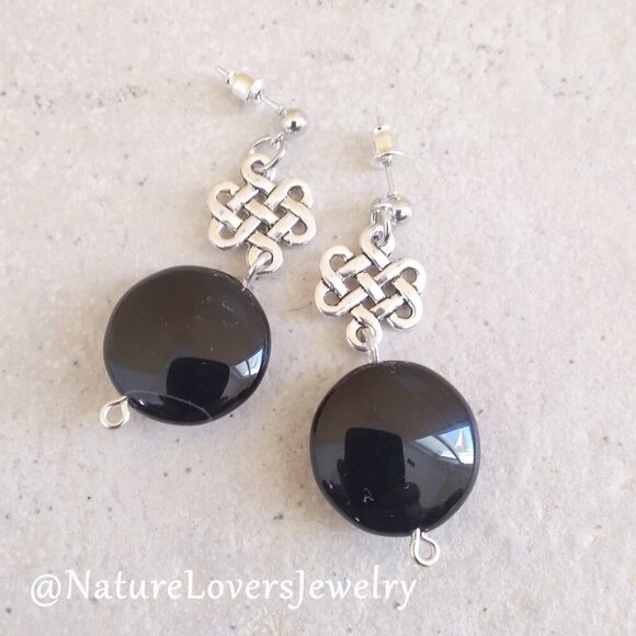 Sleek Black Agate Coin Posts Earrings ~ Protection Grounding Balance - Picture 1 of 8